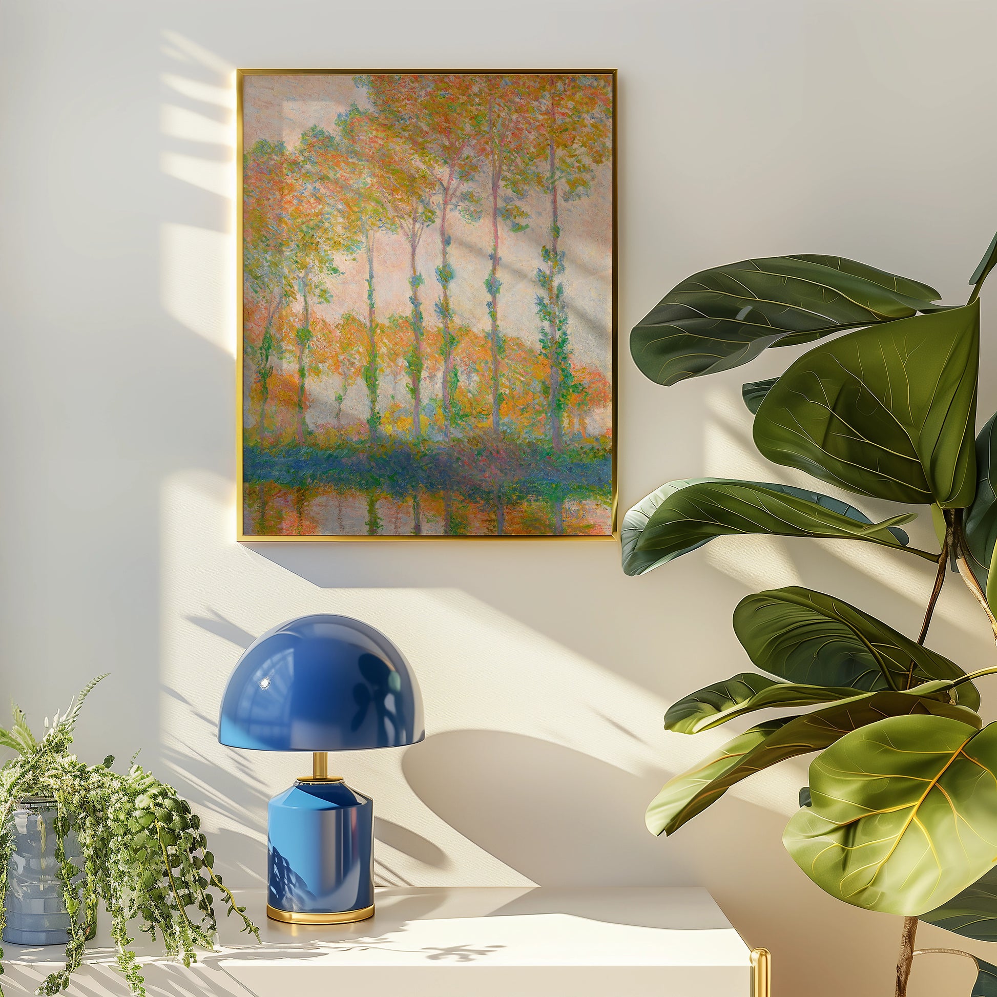 A colorful painting of tall trees with autumn foliage, framed and displayed on a light-colored wall alongside a blue lamp and greenery.