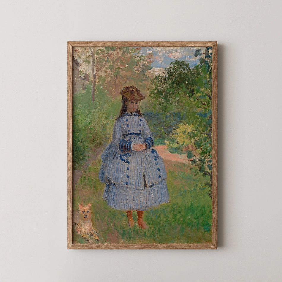 Painting of a young girl in a blue and white striped dress with a straw hat, standing in a green landscape next to a small dog, framed in wood.
