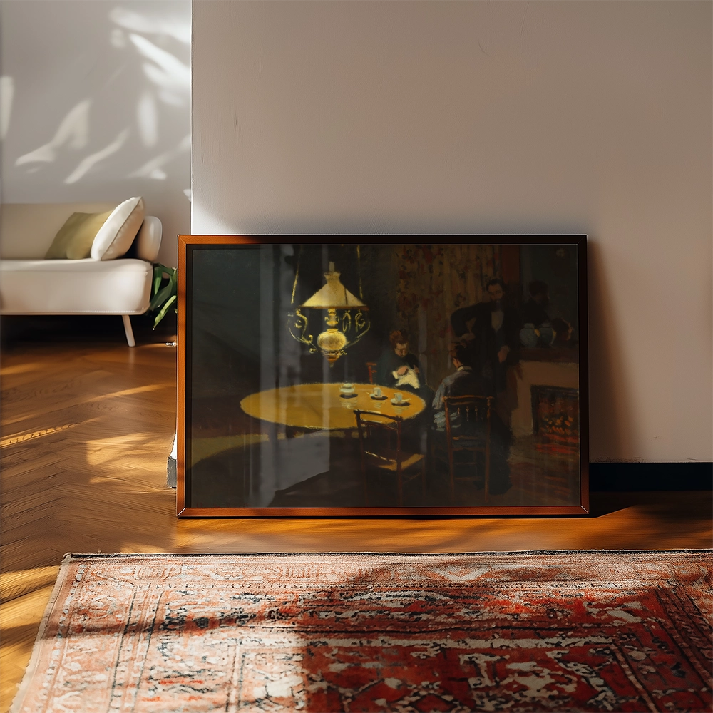 Framed painting featuring a dimly lit dining scene with a lamp hanging above a table set with cups, surrounded by figures, placed against a minimalist interior background.