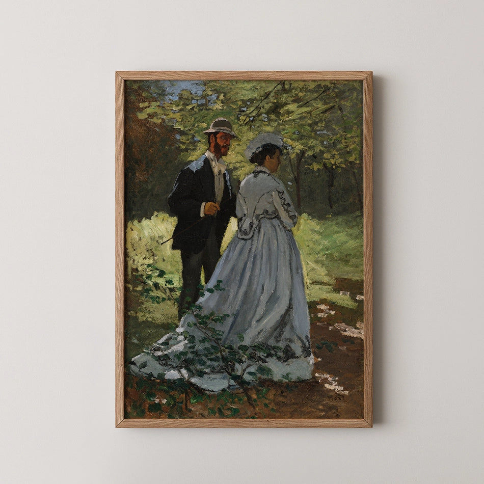 Painting of a couple walking in a lush garden, featuring a man in a black suit and a woman in a white dress, framed in a wooden frame.