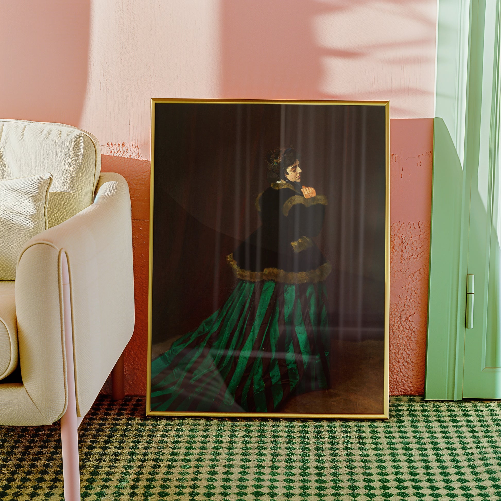 Framed painting of a woman in an elegant dress displaying rich colors, placed beside a modern sofa in a stylish interior setting.