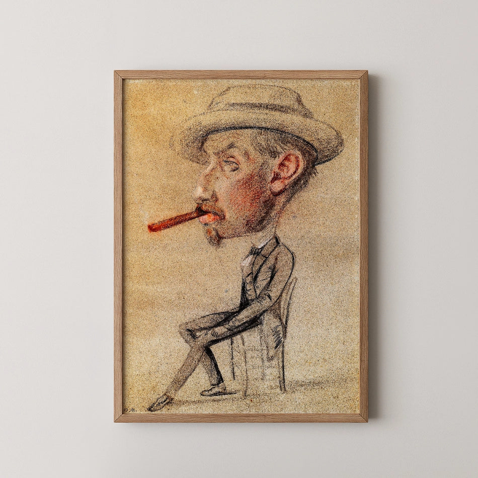 Framed caricature painting of a man wearing a hat and holding a cigar, sitting on a chair with a neutral background.