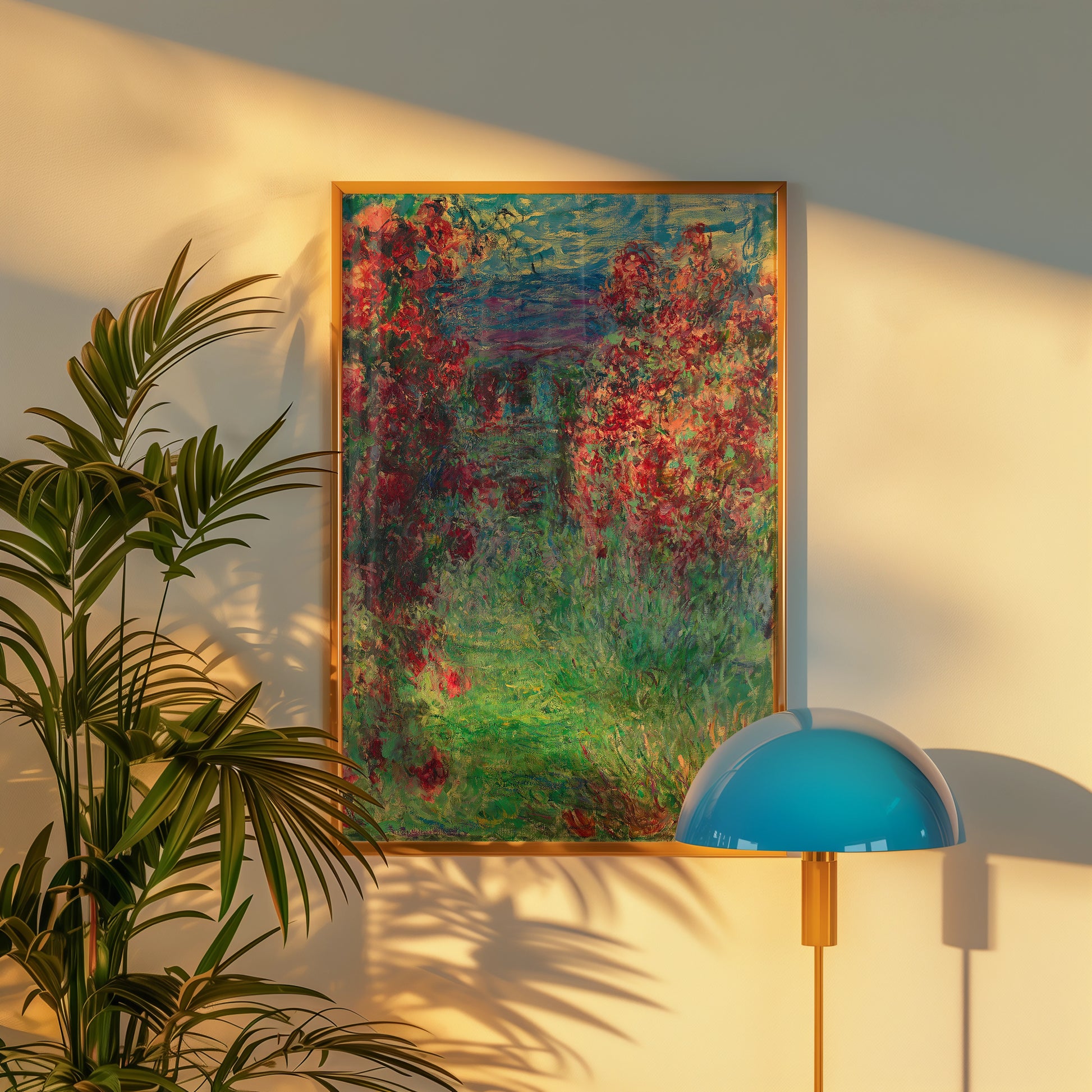 Framed impressionist painting of a vibrant garden scene with red flowers and green foliage, displayed on a wall beside a modern blue lamp and a potted plant.