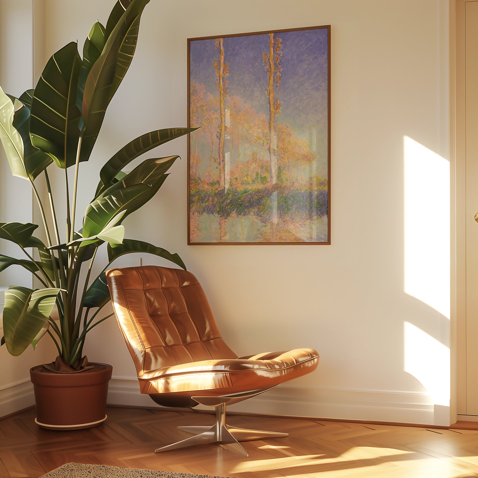 Cozy living space featuring a mid-century modern brown leather chair beside a large leafy plant and a colorful framed painting of trees reflecting in water.