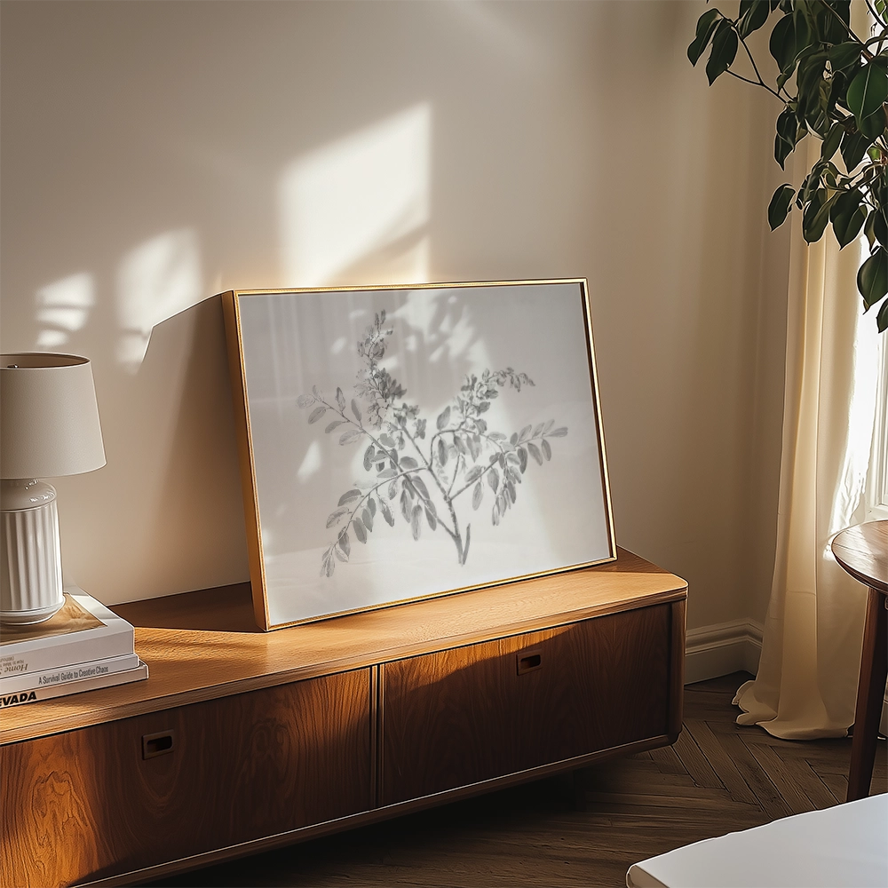 A framed botanical painting displayed on a wooden cabinet, with a lamp and a potted plant in a sunlit room.