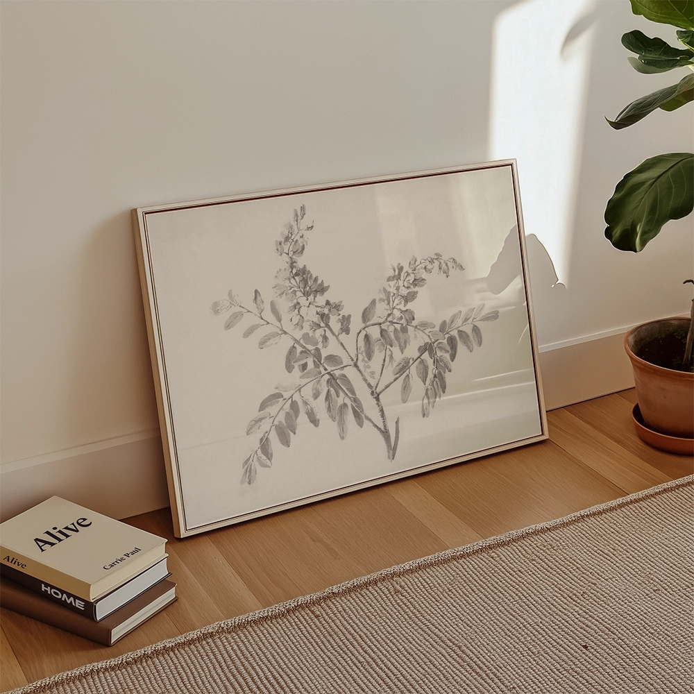 Framed black and white botanical illustration leaning against a wall with books and a potted plant nearby.