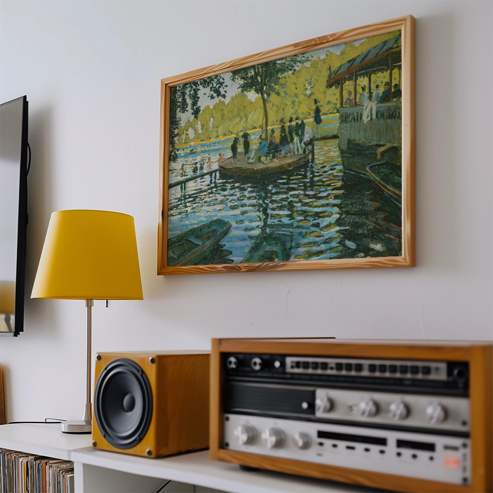 Painting of a serene riverside scene featuring people in a boat and lush greenery, framed and displayed above a yellow lamp and vintage speakers.