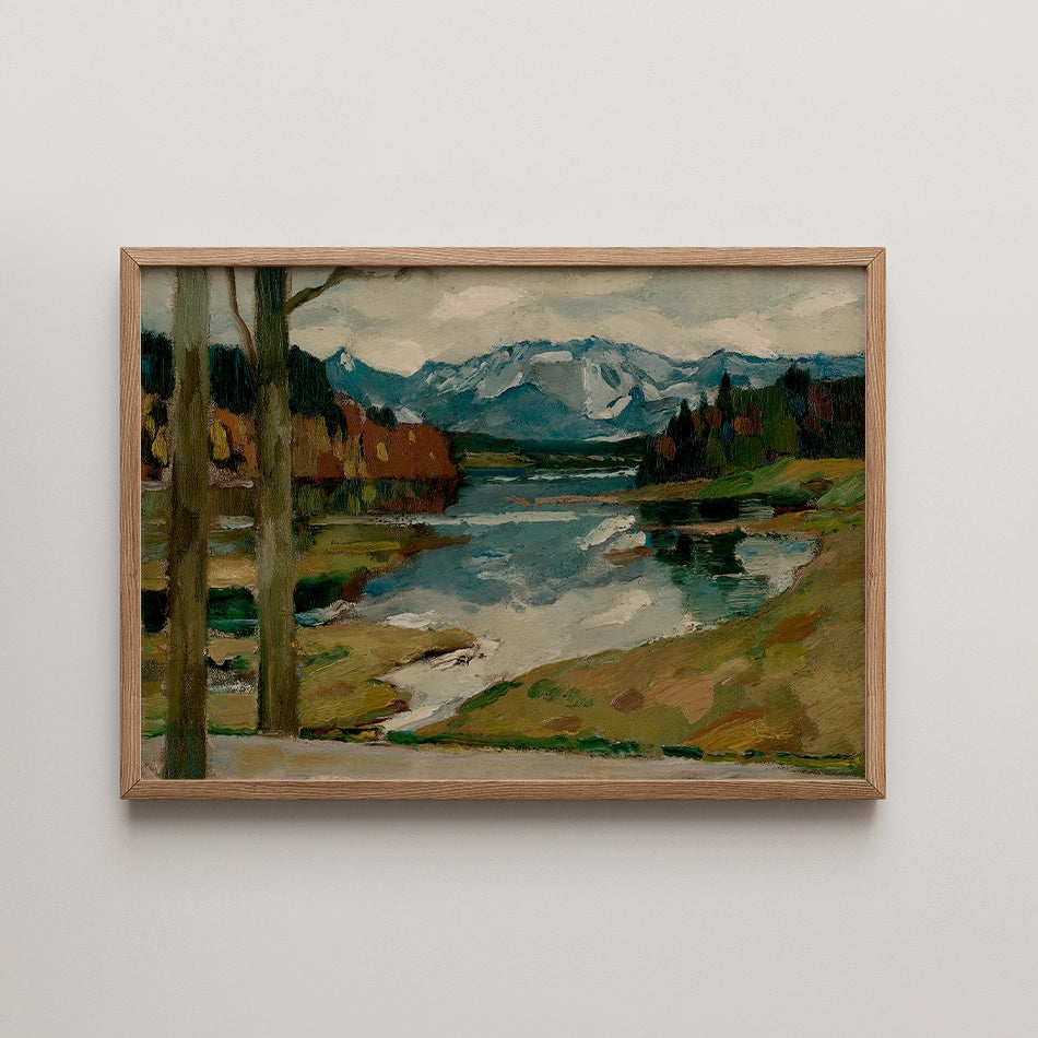Framed painting of a serene landscape featuring mountains, a river, and trees in warm autumn colors.