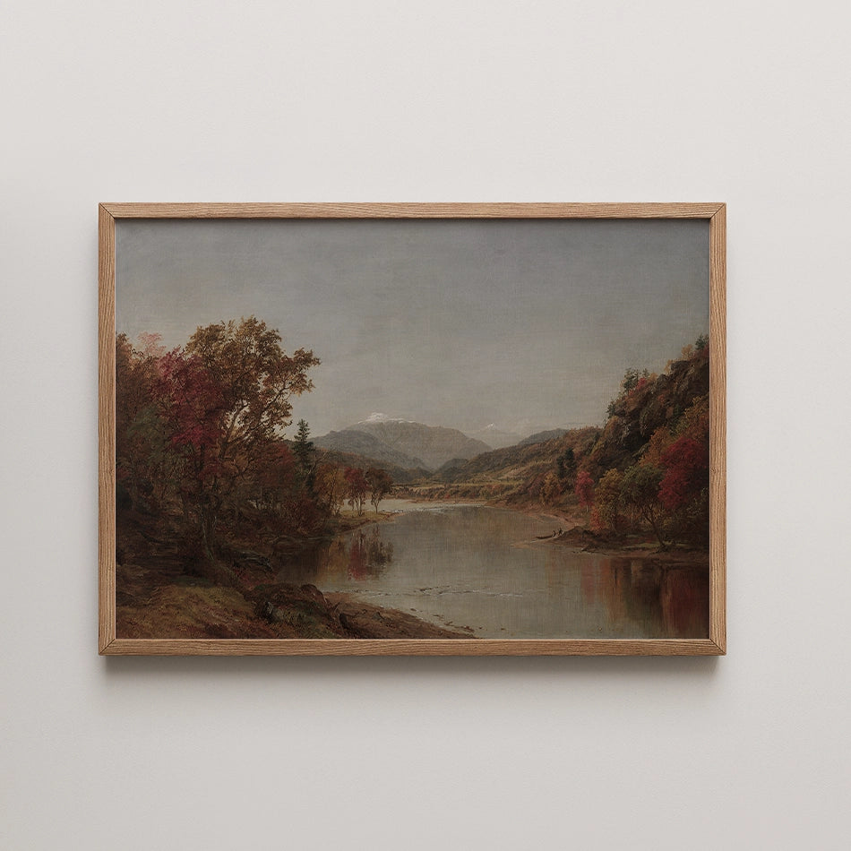Landscape painting of a serene river flanked by autumn trees, framed in natural wood.