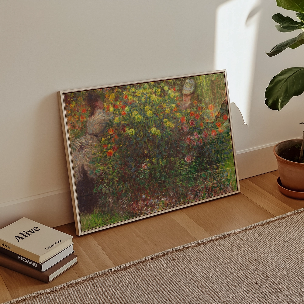 Framed painting featuring vibrant flowers and two figures partially obscured by a lush garden, set against a bright, airy interior.