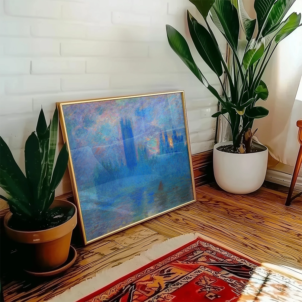 A beautiful painting in a golden frame leaning against a wall, surrounded by indoor plants and a colorful rug.