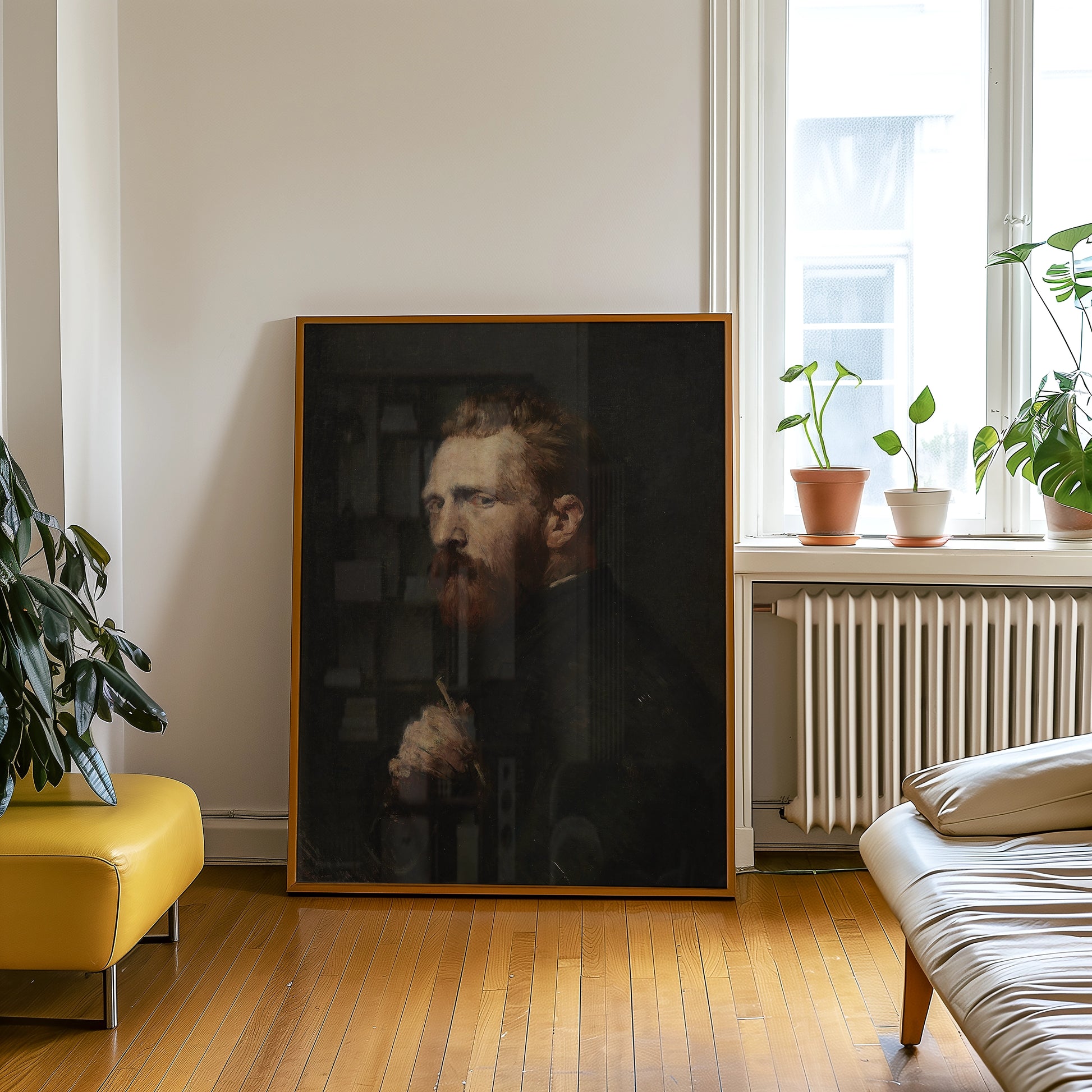 Framed portrait painting of a man with a beard displayed in a modern living room setting with indoor plants and natural light.