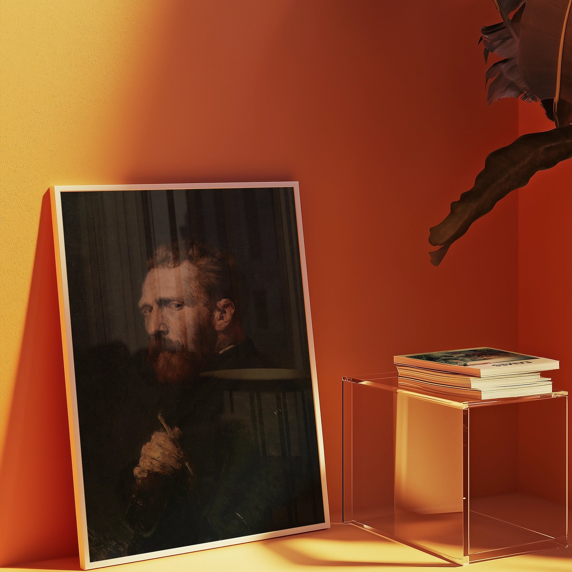 Framed painting of a man with a beard and intense gaze, leaning against an orange wall beside a stack of books on a clear acrylic side table.