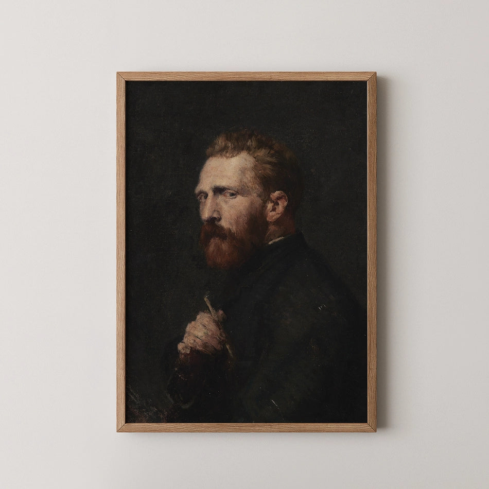 Framed painting of a man with a red beard and dark clothing, set against a dark background.