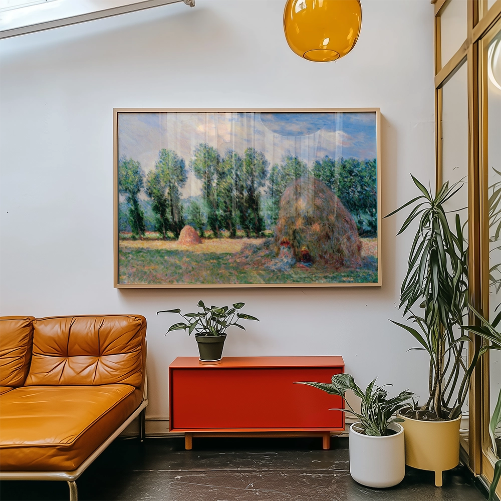 Framed painting of a rural landscape featuring haystacks and trees, displayed on a white wall above a modern orange sofa and red cabinet, with potted plants nearby.