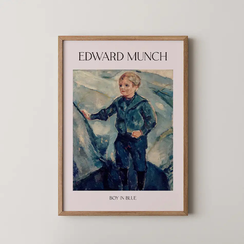 Painting titled "Boy in Blue" by Edward Munch, featuring a young boy in a blue outfit against a muted background, framed in wood.