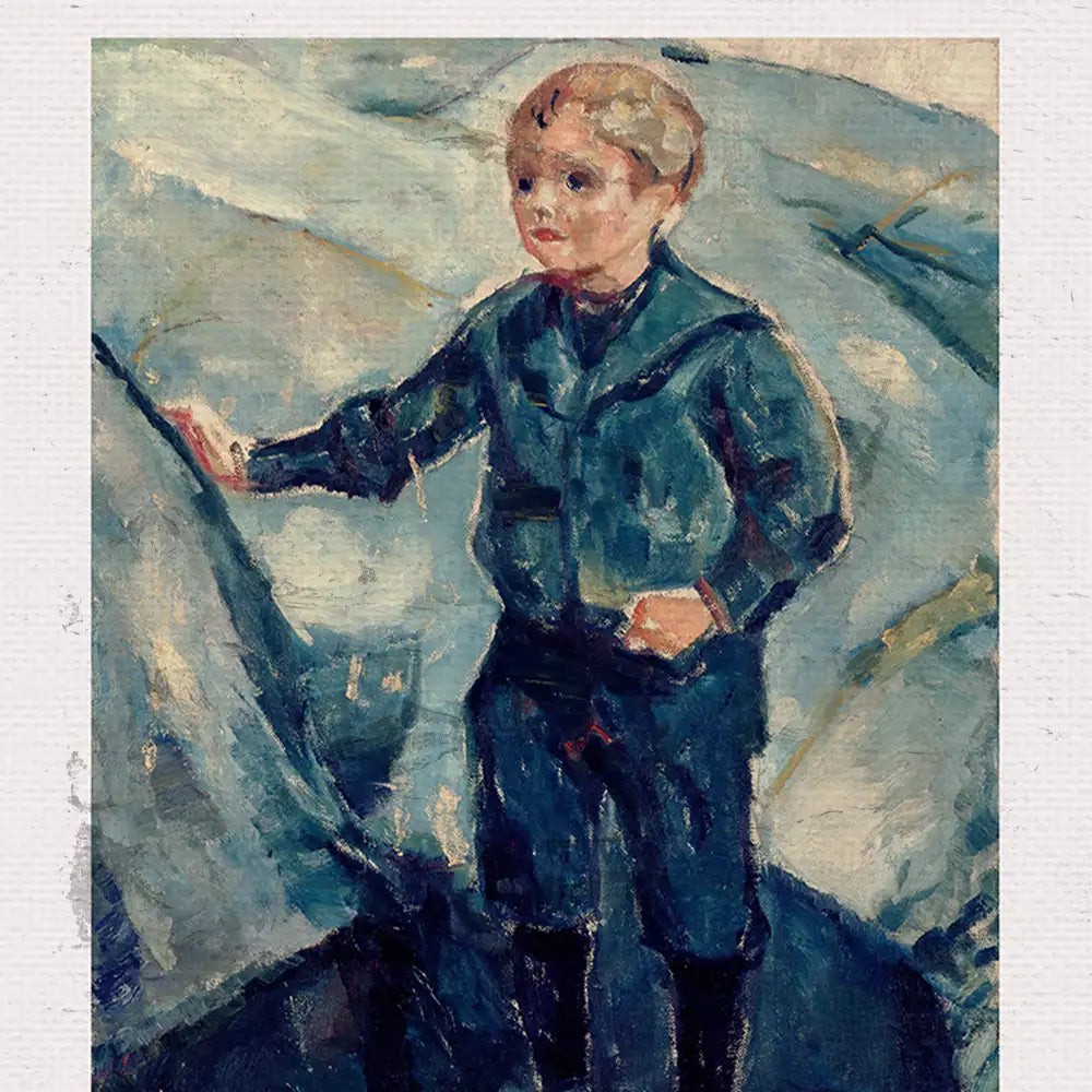 Painting of a young boy standing on a rocky surface, wearing a dark blue jacket and pants, with a thoughtful expression and light brown hair.