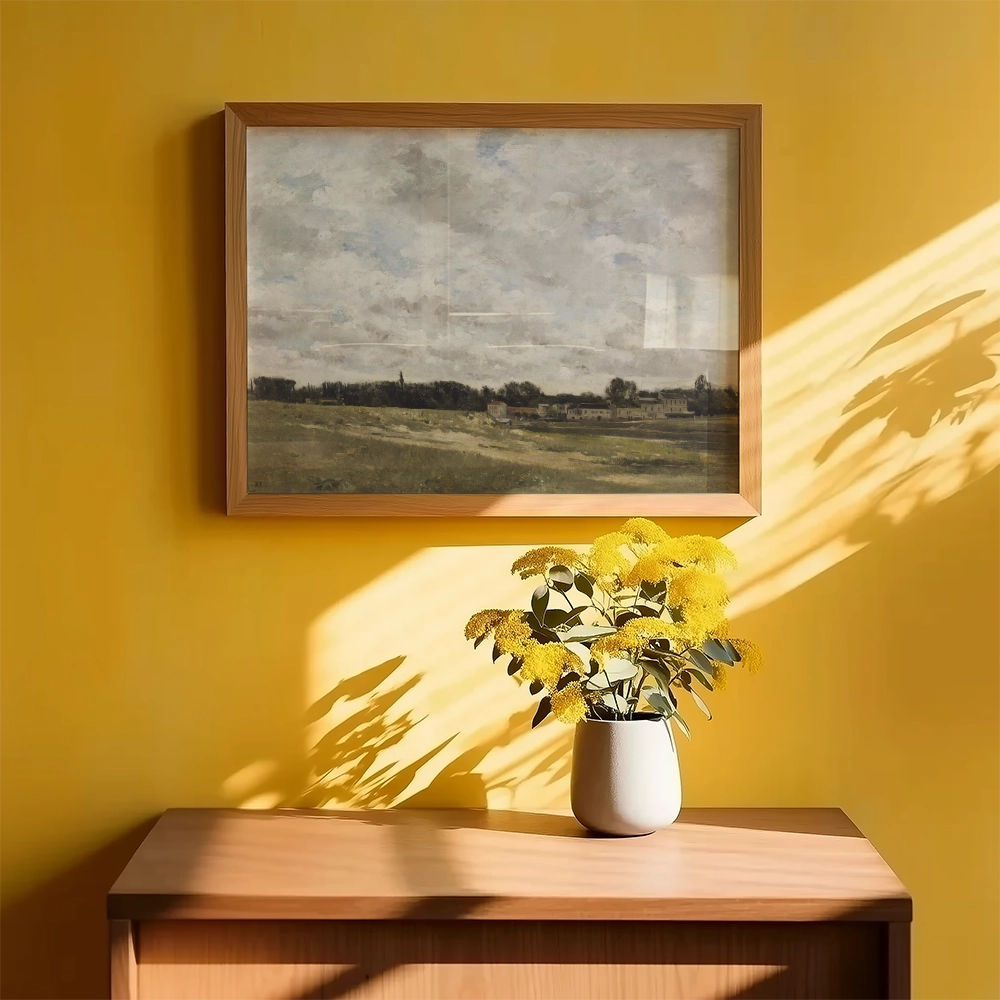Framed landscape painting on a yellow wall with a vase of yellow flowers on a wooden table.