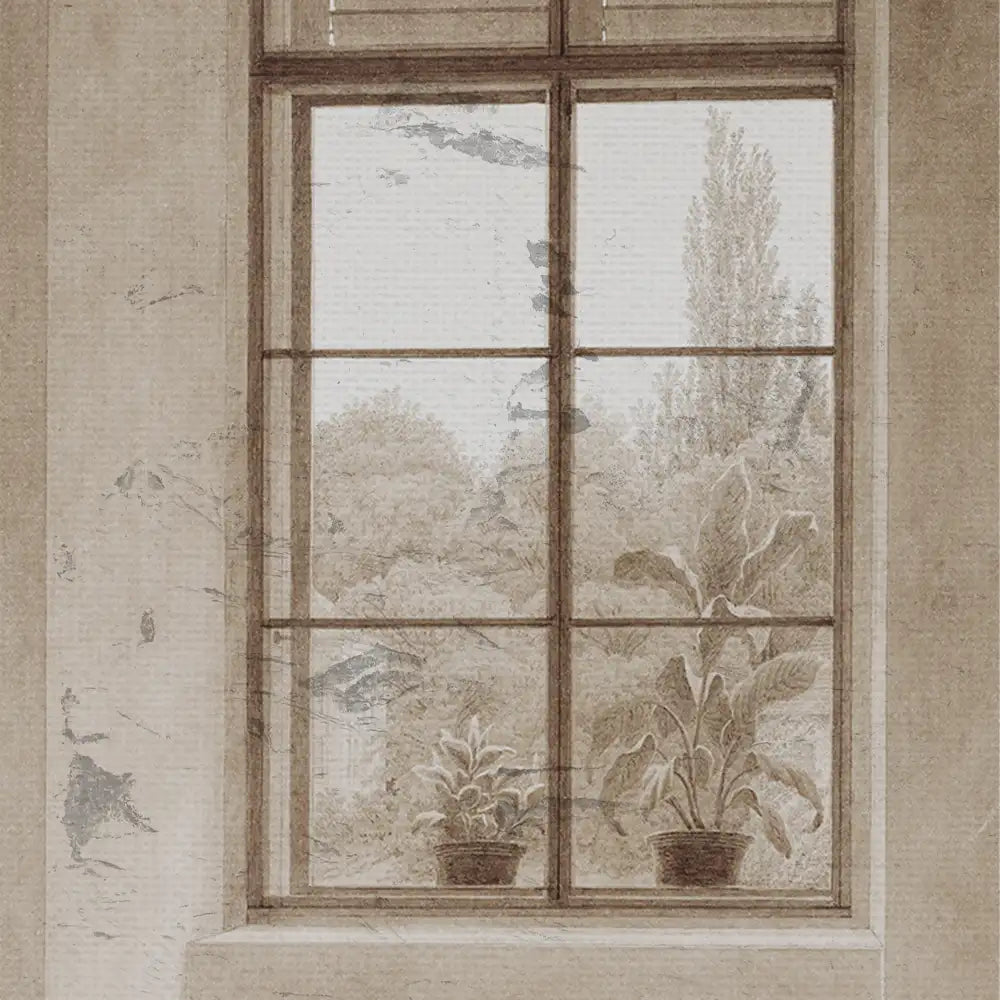 Window view artwork featuring potted plants and a serene landscape in soft, muted tones.