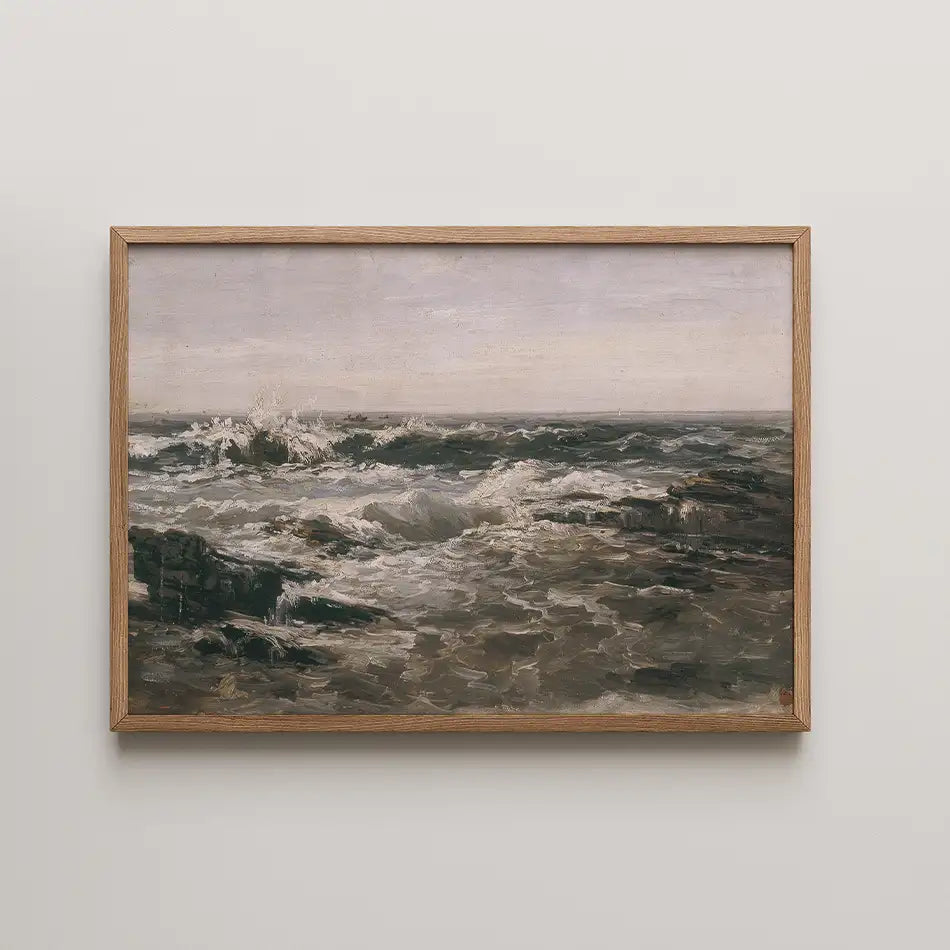 Painting of turbulent ocean waves framed in wood, depicting a dramatic seascape with grey skies.