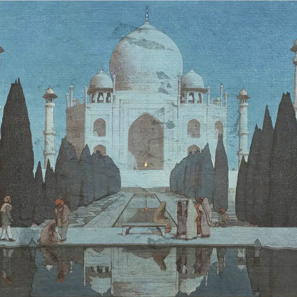 Painting of the Taj Mahal surrounded by cypress trees, featuring figures walking by a reflecting pool under a blue sky.