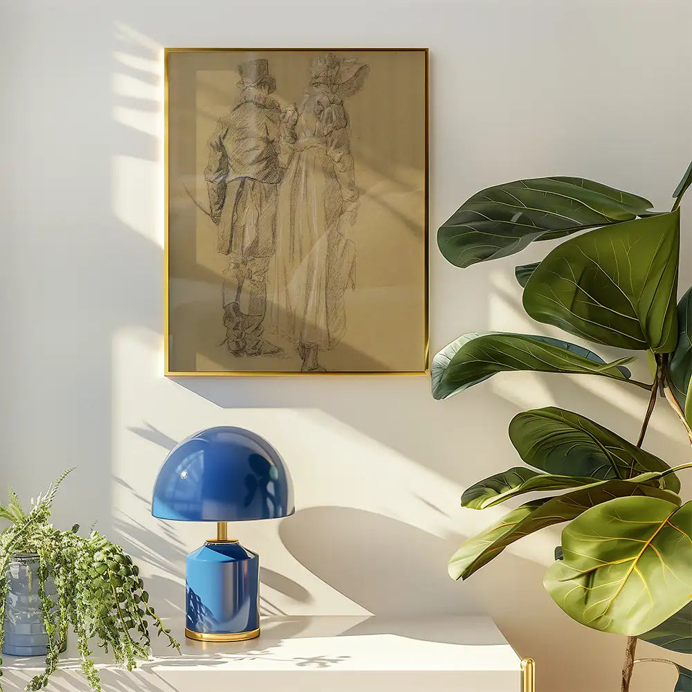Framed artwork of a couple in historical clothing, displayed on a white wall beside a blue lamp and indoor plants.