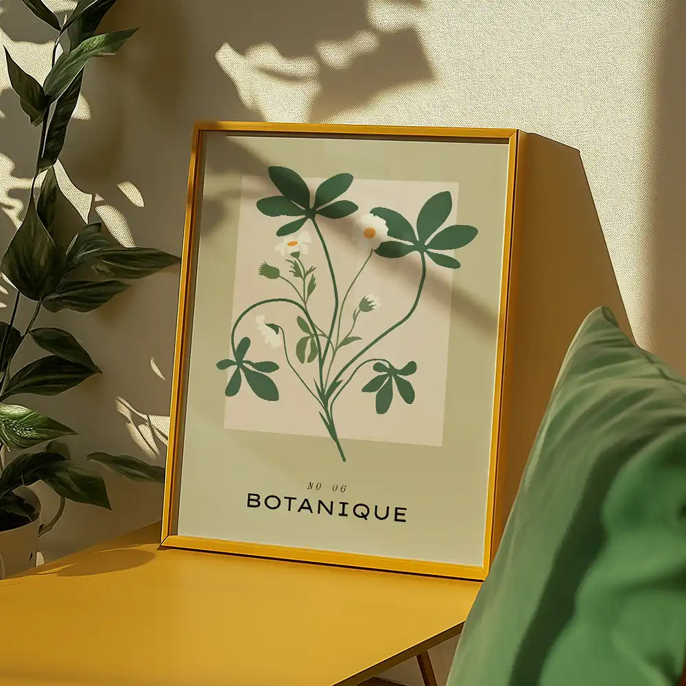 Modern botanical poster featuring green plant illustrations with the text "No 06 BOTANIQUE," displayed in a yellow frame on a stylish table.
