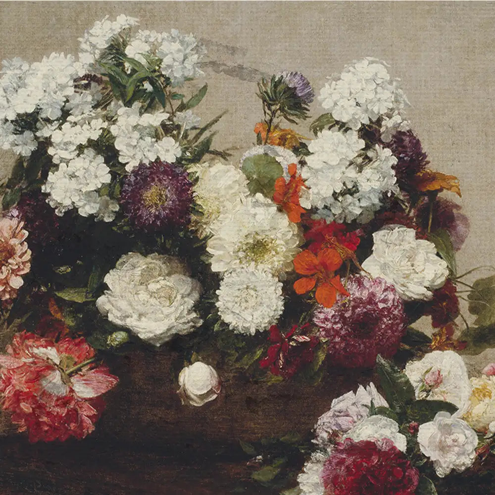 A vibrant bouquet of assorted flowers in white, purple, red, and orange tones against a textured neutral background.