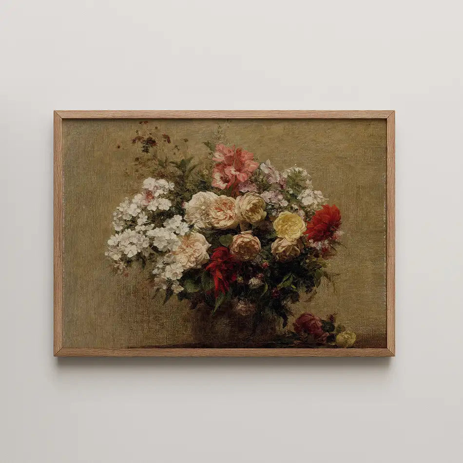 Painting of a colorful bouquet of flowers in a decorative vase, framed in a light wood frame against a neutral background.