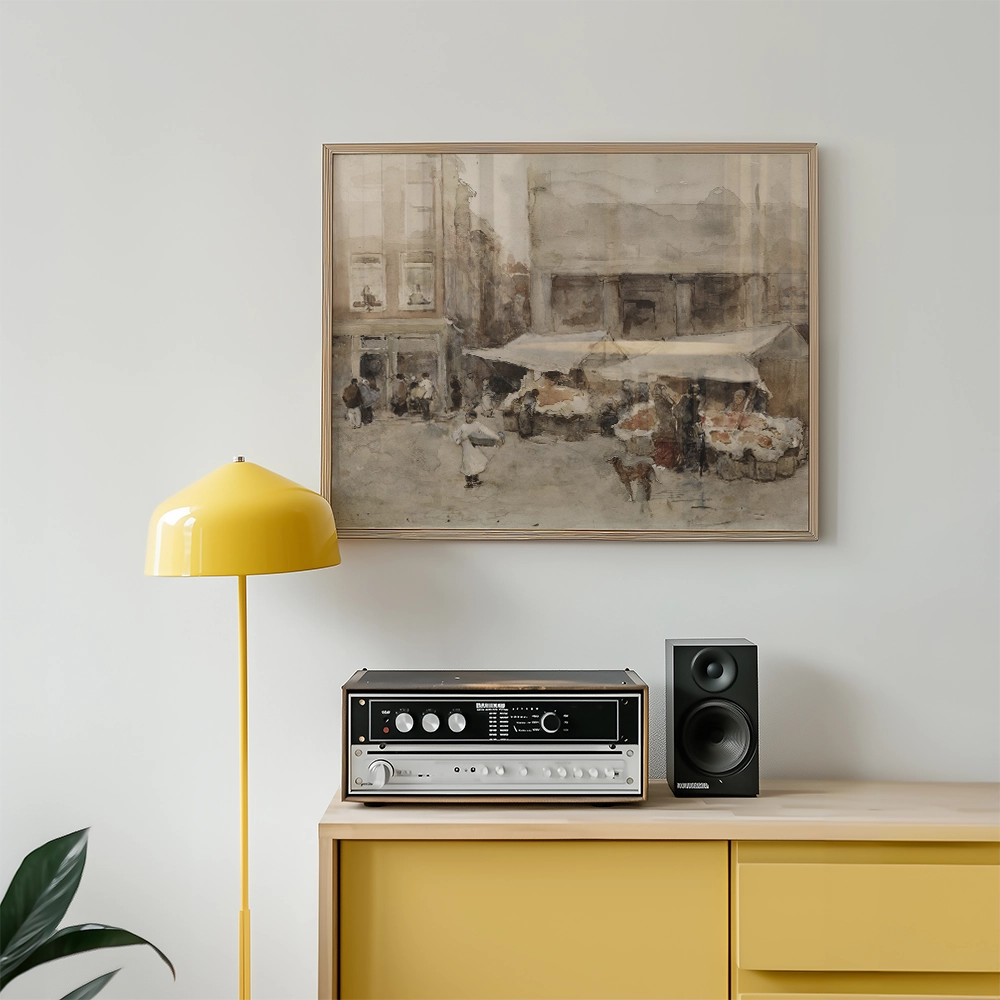 A watercolor painting of a bustling street market framed and displayed above a retro stereo system and a yellow floor lamp in a modern living room setting.