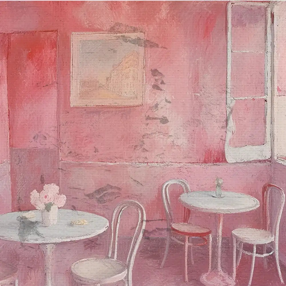 Modern art print of a cozy pink cafe interior featuring white tables, metal chairs, and a floral centerpiece, perfect for home decor.