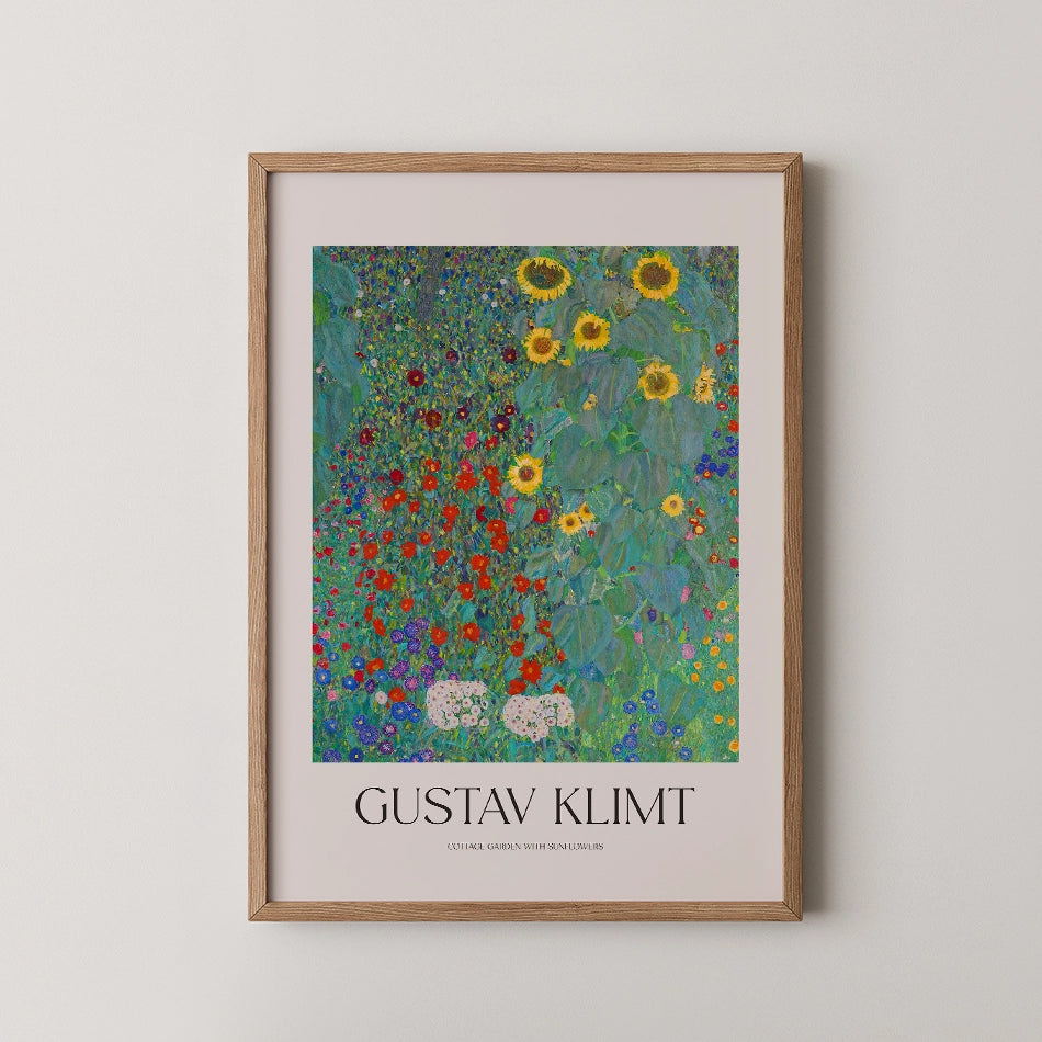 Painting by Gustav Klimt featuring a vibrant floral garden with sunflowers and colorful flowers, framed in wood.