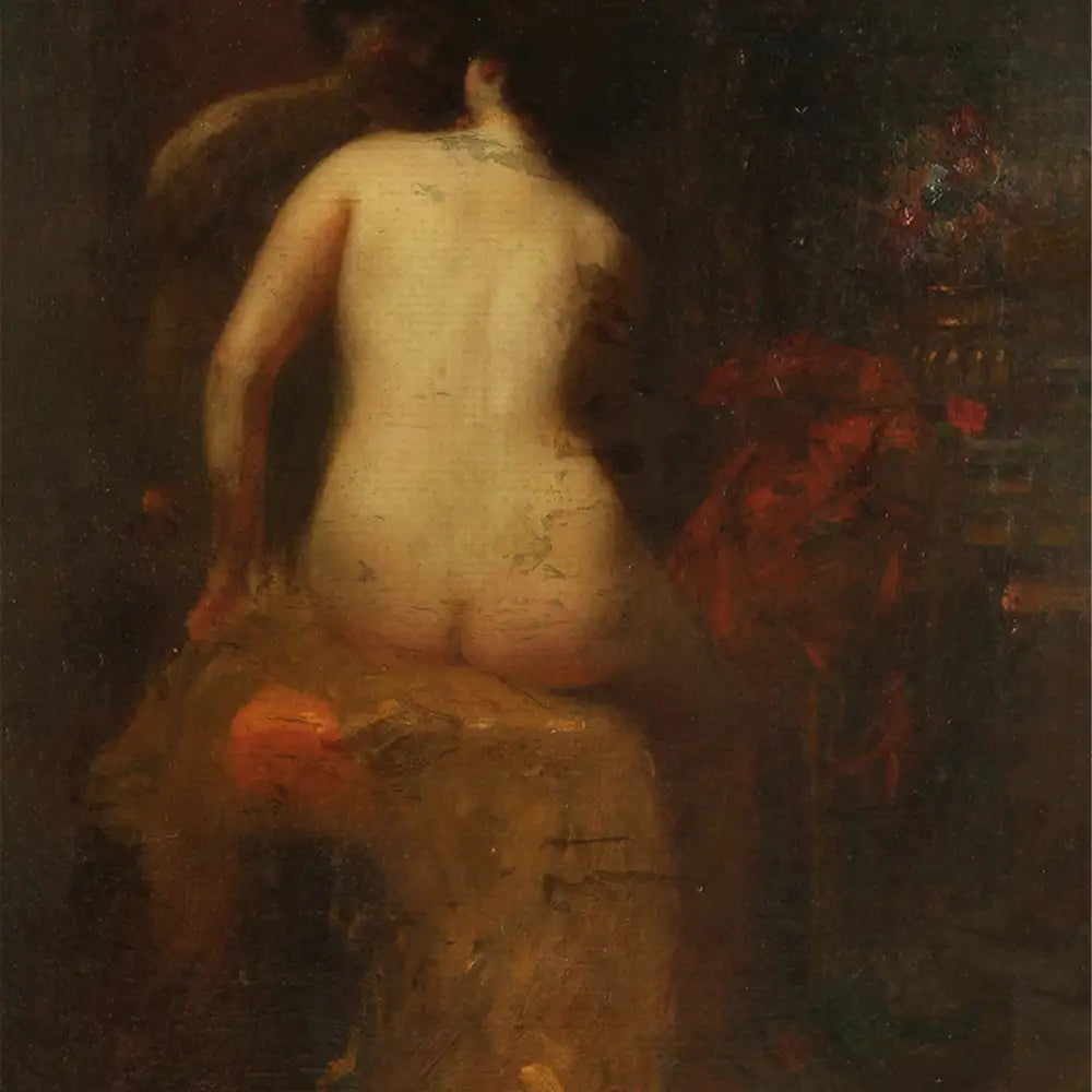Nude figure seated on a stool, painted in soft, muted colors with abstract floral elements in the background.