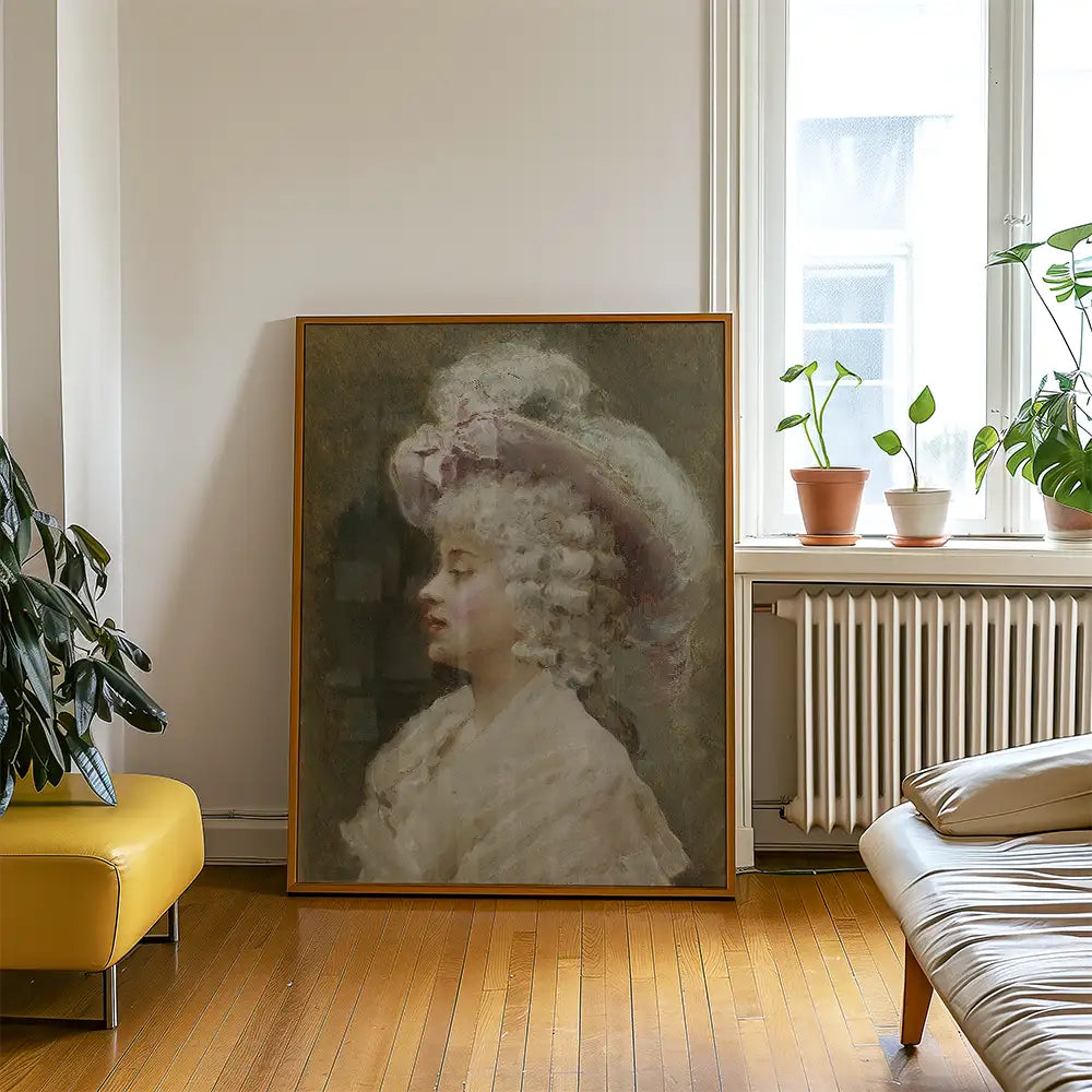 Portrait painting of a woman with elaborate curly hair and a large pink hat, displayed in a modern interior setting with plants and a yellow sofa.