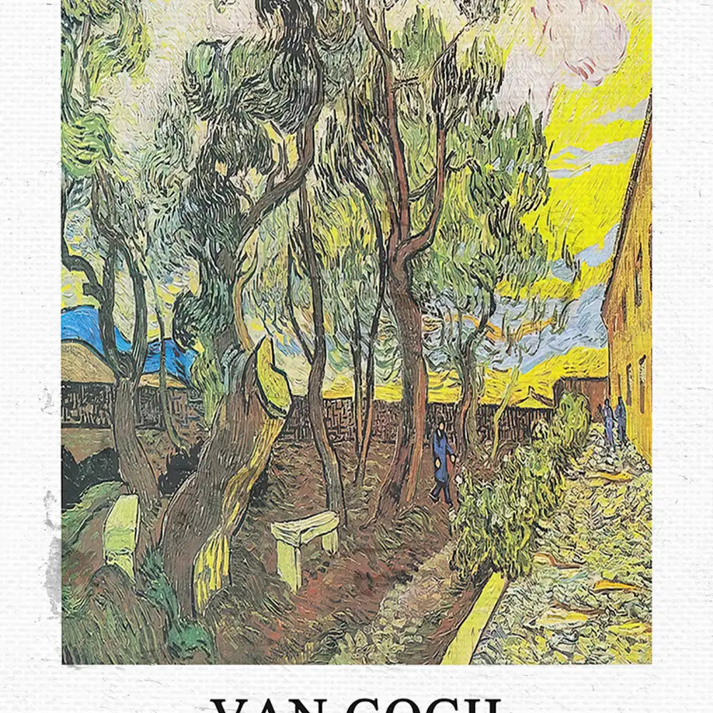 Painting by Vincent van Gogh featuring vibrant trees and a yellow sky, with figures walking in a natural landscape.