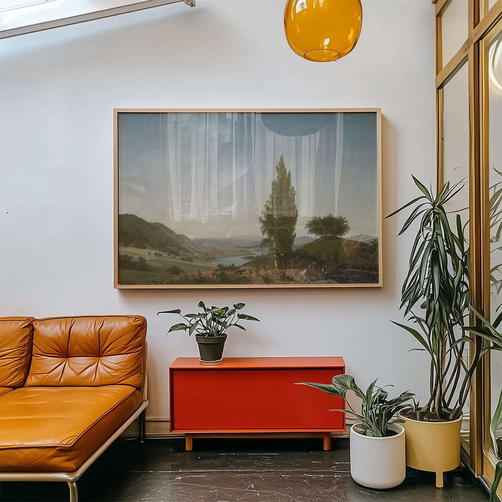 Framed landscape painting hanging above a red cabinet in a modern living room with yellow couch and houseplants.
