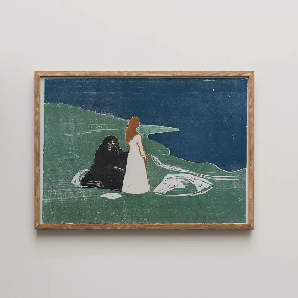 Painting of a woman in a white dress standing beside a black bear-like figure on a green landscape, with a blue sky and water in the background, framed in wood.