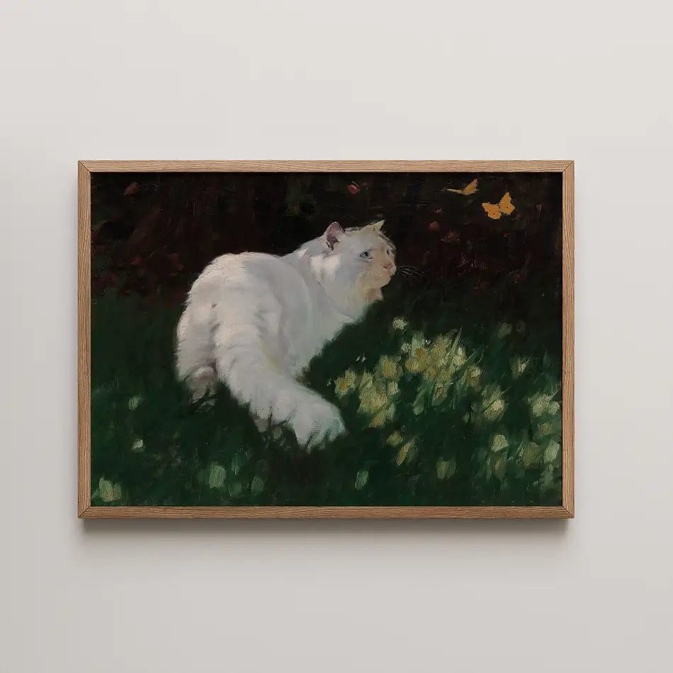 Painting of a white cat lying in green grass with yellow flowers, surrounded by a dark background.