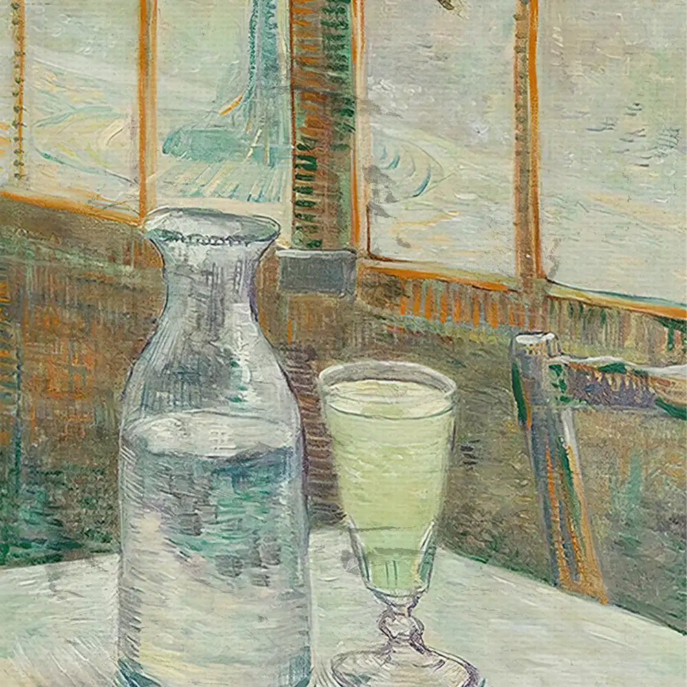 Still life painting featuring a clear glass jug and a green beverage in a delicate glass, set against a background of windows and wooden furniture.