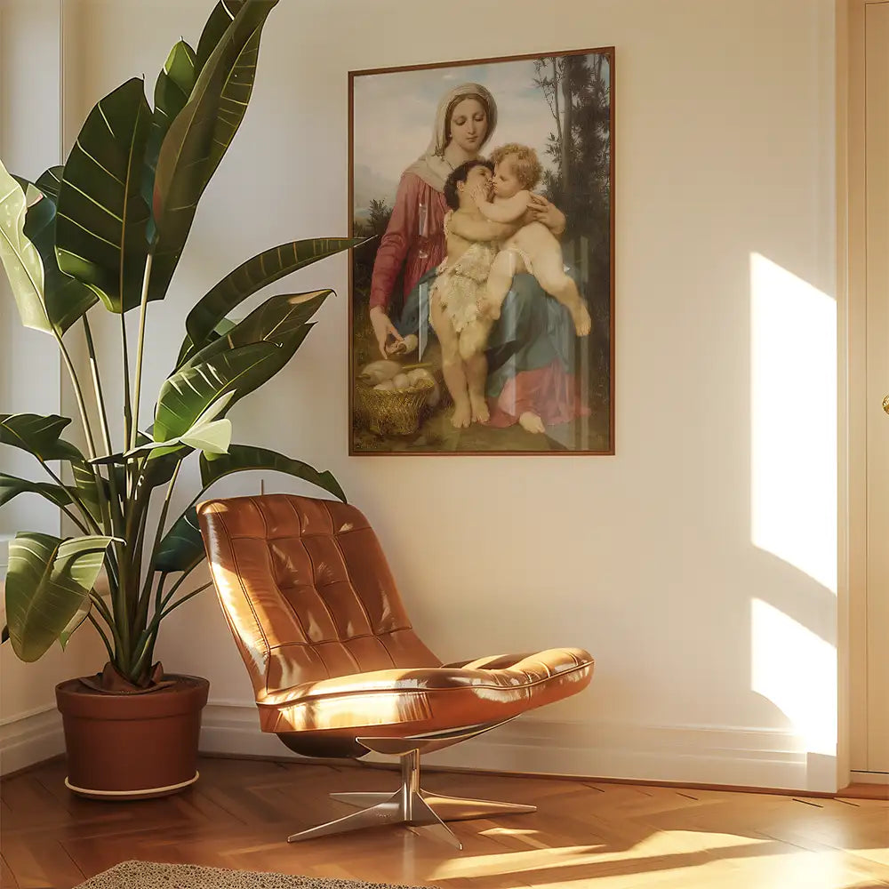 Painting of a mother with two children in a framed artwork displayed on a wall next to a leather chair and a large green plant.