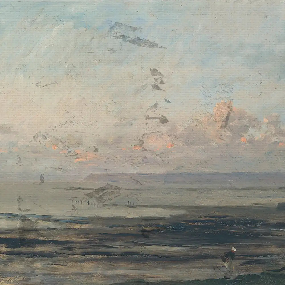 Abstract landscape painting featuring a serene sky with soft clouds and a calm sea, with silhouettes of figures in the distance.