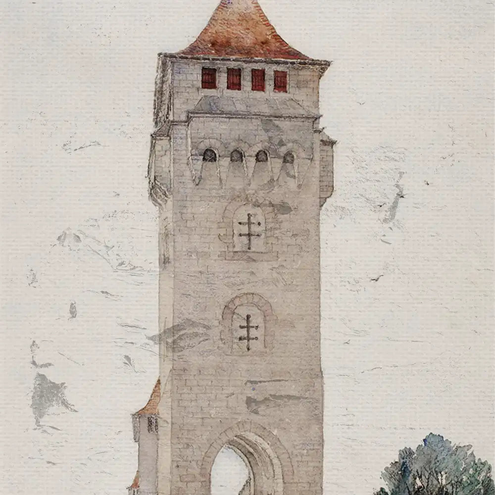 Watercolor painting of a tall stone tower with a red-roofed top, featuring arched windows and surrounded by a hint of greenery.