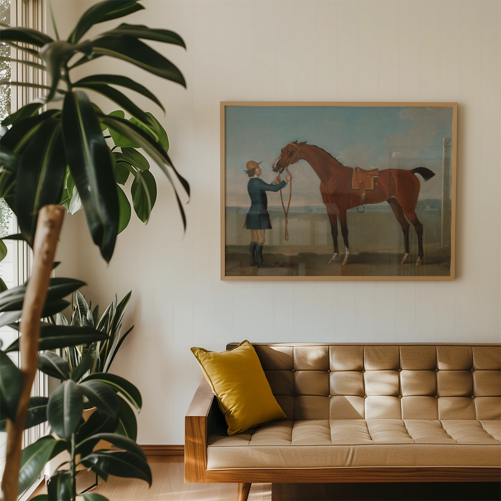 A vintage painting of a person holding a horse's reins, displayed above a modern couch with a yellow cushion in a stylish interior setting.