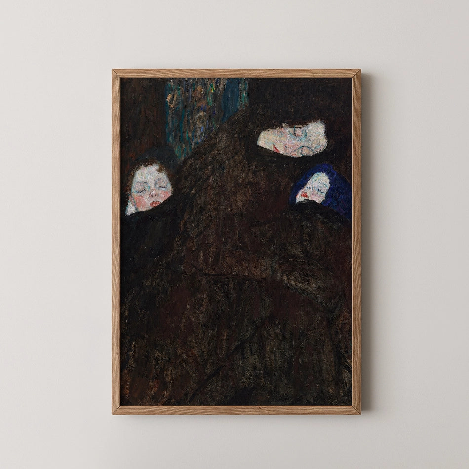 Framed painting depicting three sleeping figures with dimly lit backgrounds and rich, dark tones.