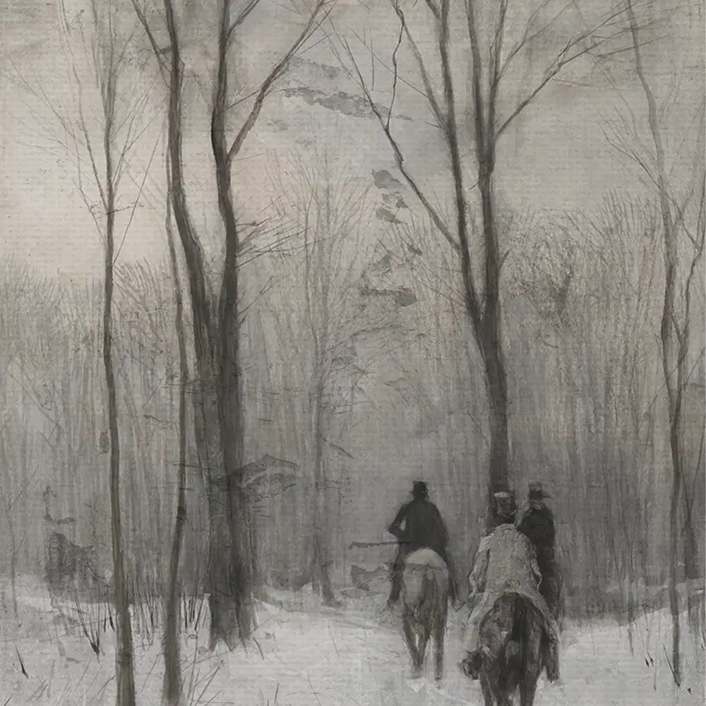 A monochromatic painting depicting three figures on horseback riding through a snowy forest with leafless trees and a misty background.