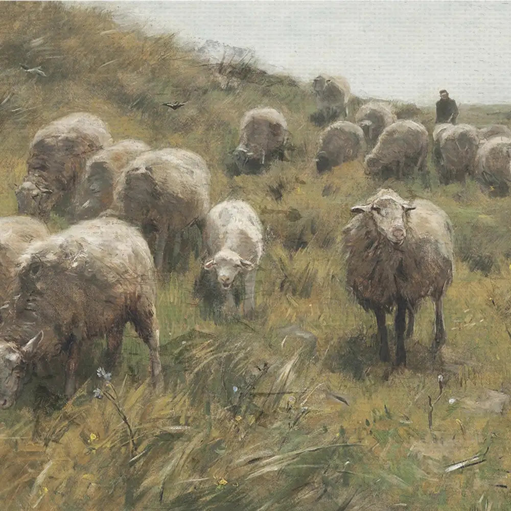 A peaceful landscape painting featuring a flock of sheep grazing in a grassy field with a distant figure of a shepherd.
