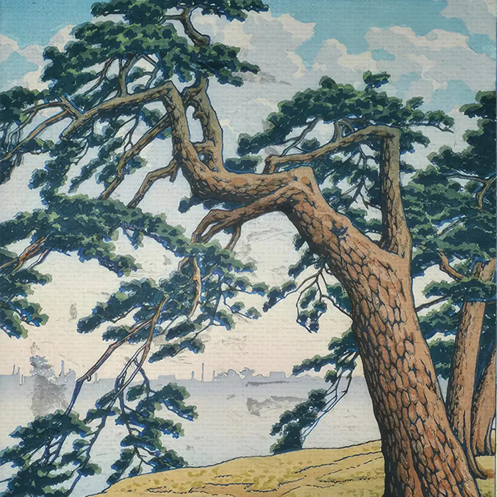 A detailed painting of an intricately textured tree with lush green foliage against a serene sky, capturing a natural landscape scene.