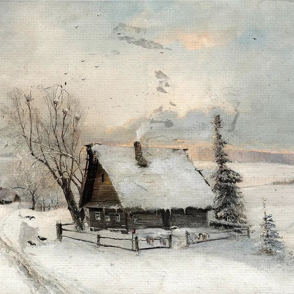 Winter landscape painting featuring a snow-covered house, bare trees, and distant hills under a cloudy sky.