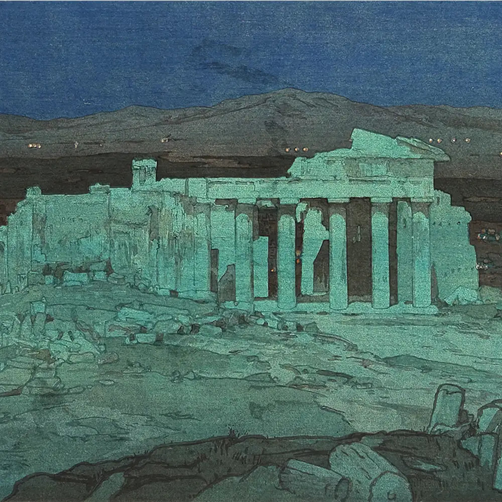 A serene night scene depicting the Acropolis with ancient ruins illuminated by a soft blue hue against a dark sky.