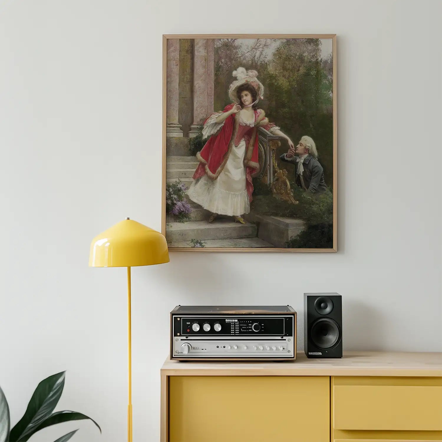 A vintage painting of a woman in a red and white gown standing on stairs, with a man beside her, displayed on a wall above a wooden sideboard with a record player and speakers.